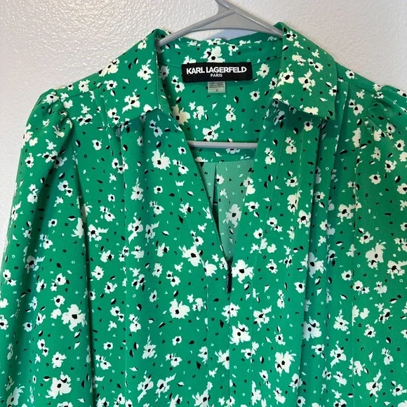 Karl Lagerfeld Paris Size-4 Green Floral Shirt Dress Long Sleeve Ruffle Zip - Picture 9 of 16